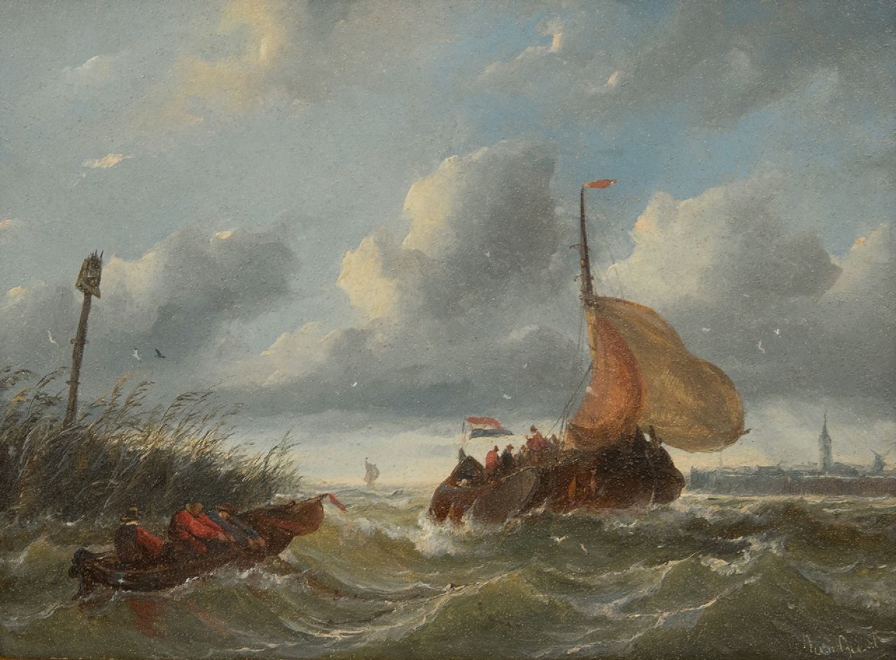 Beest A. van | Albertus van Beest | Schilderijen te koop aangeboden | Boeier in woelige haveningang, olieverf op paneel 23,5 x 33,6 cm, gesigneerd rechtsonder