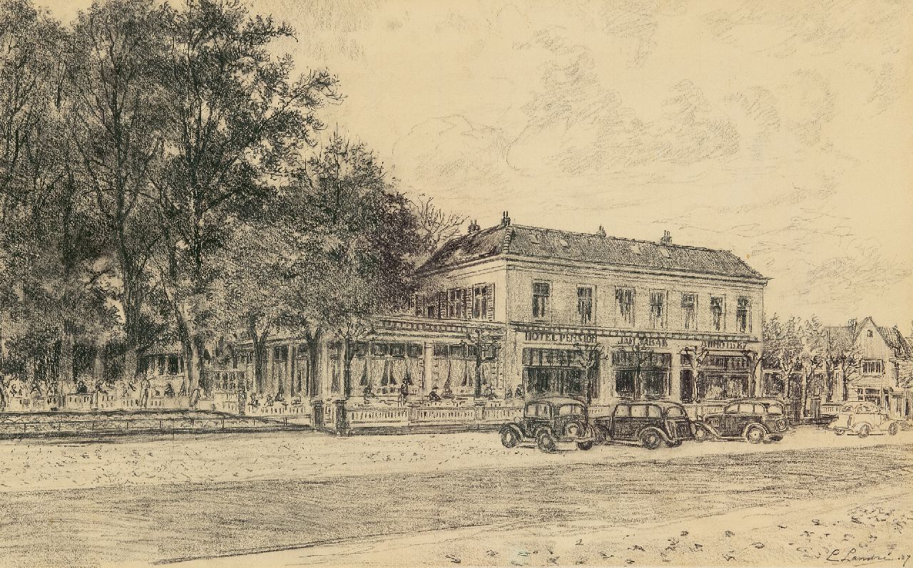 Louis Landré | Hotel Jan Tabak, Bussum, krijt op papier, 32,0 x 51,5 cm, gesigneerd r.o. en gedateerd '37