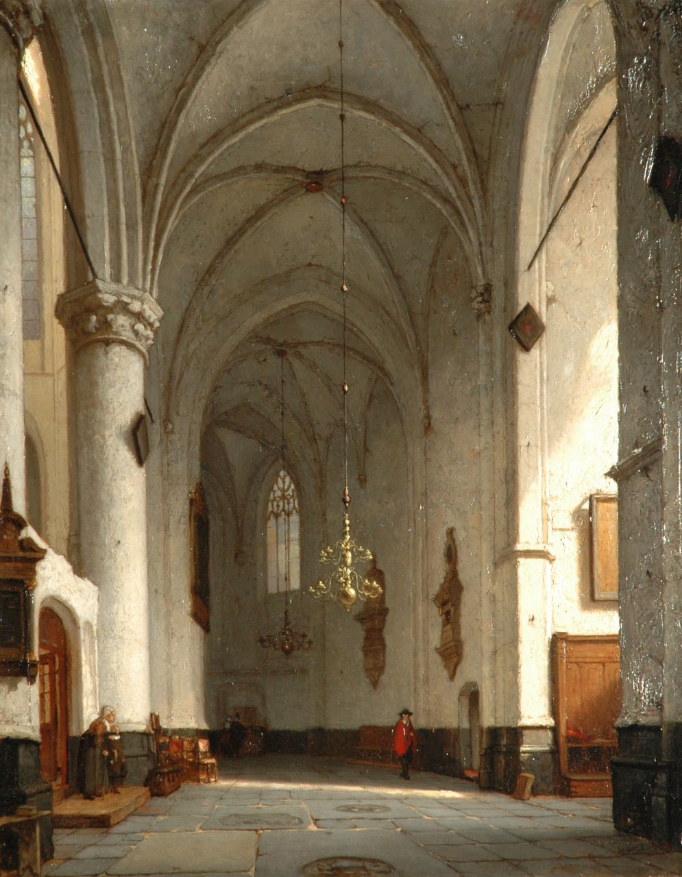 Schenkel J.J.  | Jan Jacob Schenkel, Kerkinterieur met invallend zonlicht, olieverf op paneel 57,3 x 44,5 cm, gesigneerd rechtsonder