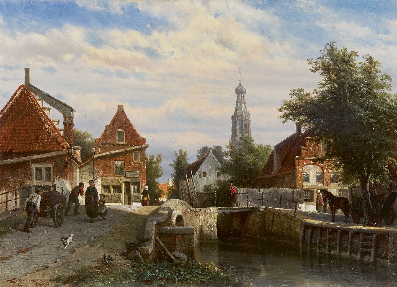 Springer C.  | Cornelis Springer, Zomers gezicht op de Staaleversgracht in Enkhuizen, olieverf op paneel 36,2 x 50,0 cm, gesigneerd linksonder en gedateerd 1866