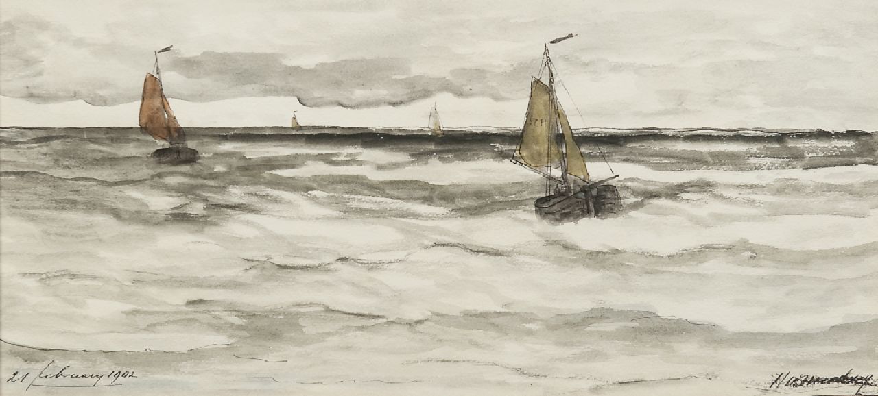 Mesdag H.W.  | Hendrik Willem Mesdag, Terugkerende bomschuiten, pen en inkt en aquarel op papier 20,6 x 43,2 cm, gesigneerd rechtsonder en gedateerd 21 februarij 1902