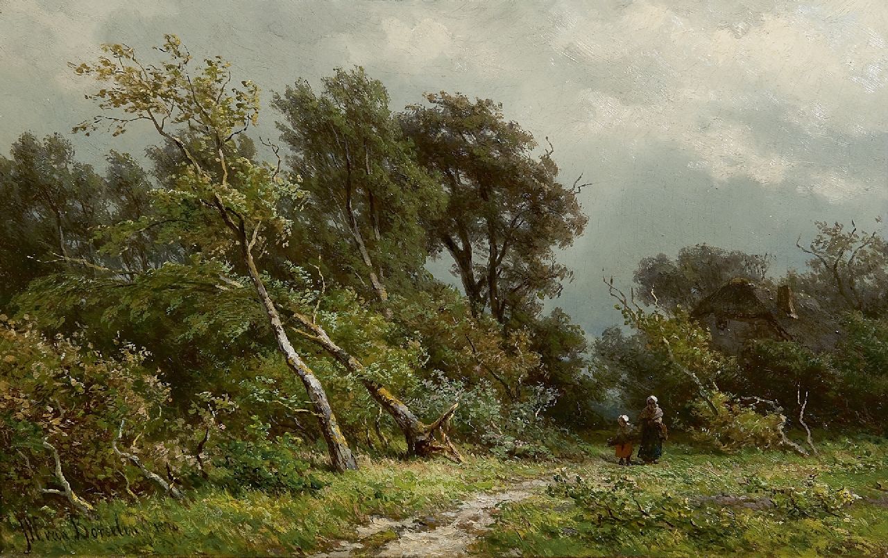 Borselen J.W. van | Jan Willem van Borselen, Hout sprokkelen na de storm, olieverf op paneel 22,5 x 35,3 cm, gesigneerd linksonder en gedateerd 1870