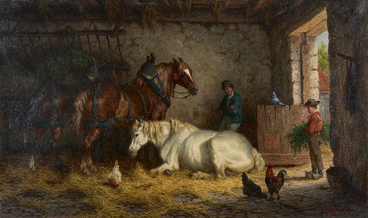 Boogaard W.J.  | Willem Johan Boogaard, Stalinterieur met drie paarden, olieverf op doek 45,6 x 76,8 cm, gesigneerd rechtsonder