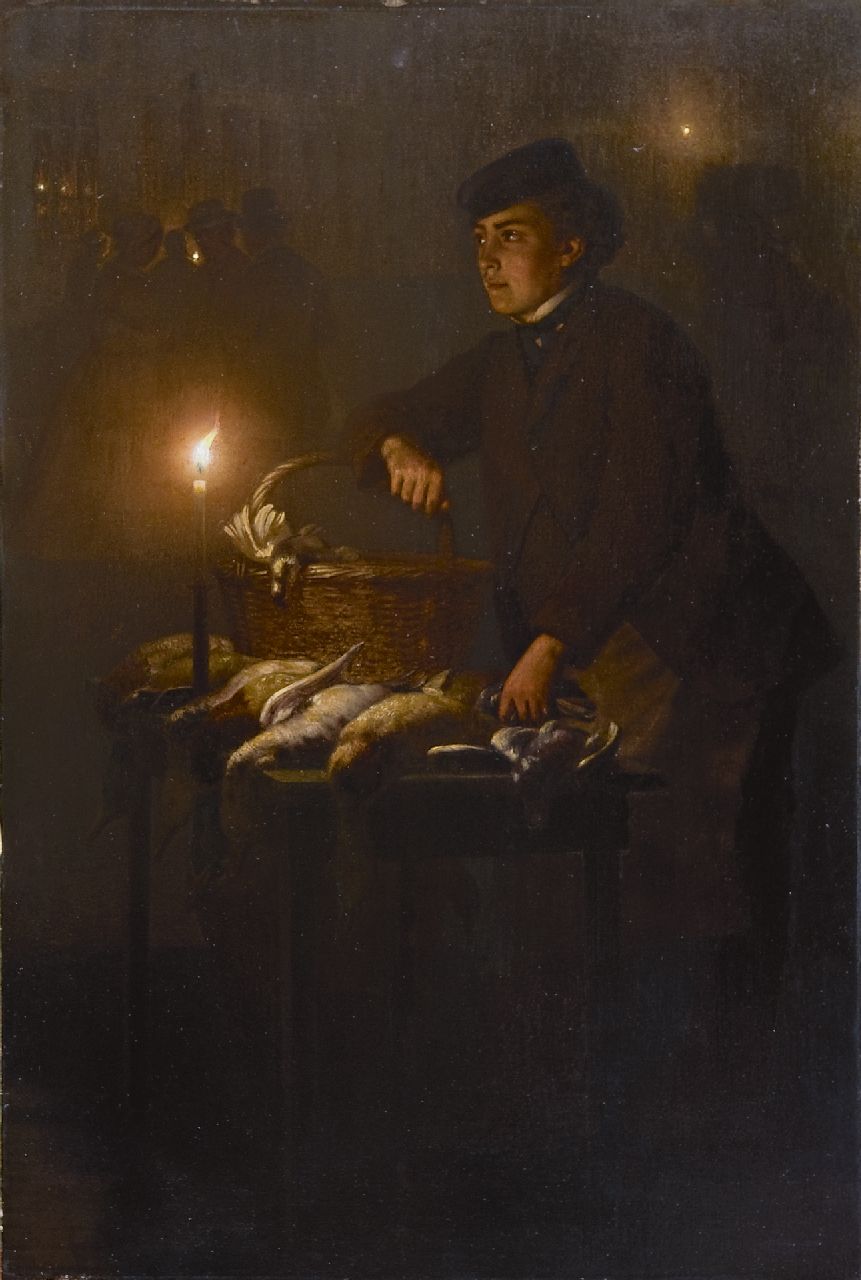 Schendel P. van | Petrus van Schendel, Wildverkoper op de Groenmarkt in Den Haag, bij avond (alleen tezamen met pendant van 'Bij de wildstal' 14607), olieverf op paneel 45,0 x 30,3 cm, gesigneerd rechtsonder (vaag) en te dateren ca. 1868