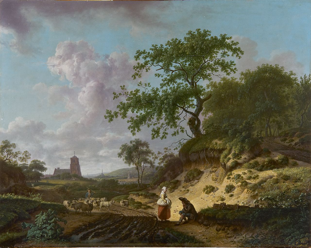 Heinrich Wilhelm Schweickhardt | Heuvellandschap met landvolk en herder met schapen, olieverf op paneel, 50,6 x 63,8 cm, gesigneerd l.o.