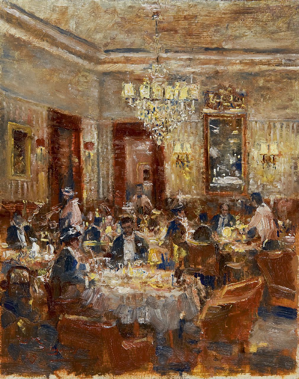 Meyer-Wiegand R.D.  | Rolf Dieter Meyer-Wiegand, Feestelijke avond in het restaurant, olieverf op paneel 30,0 x 23,9 cm, gesigneerd linksonder