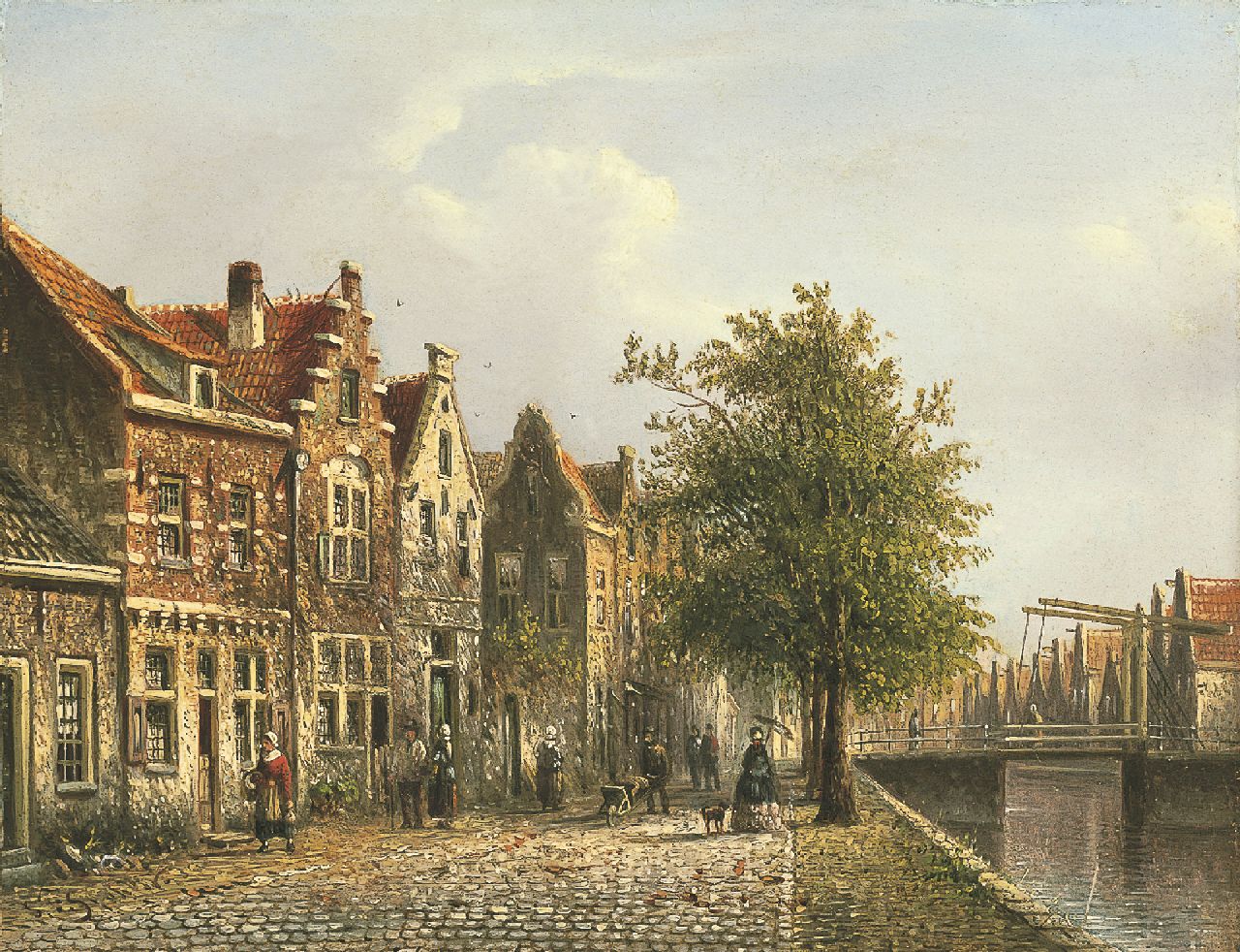 Spohler J.F.  | Johannes Franciscus Spohler, Stadsgracht met kade en ophaalbrug, olieverf op paneel 15,8 x 20,6 cm, gesigneerd linksonder