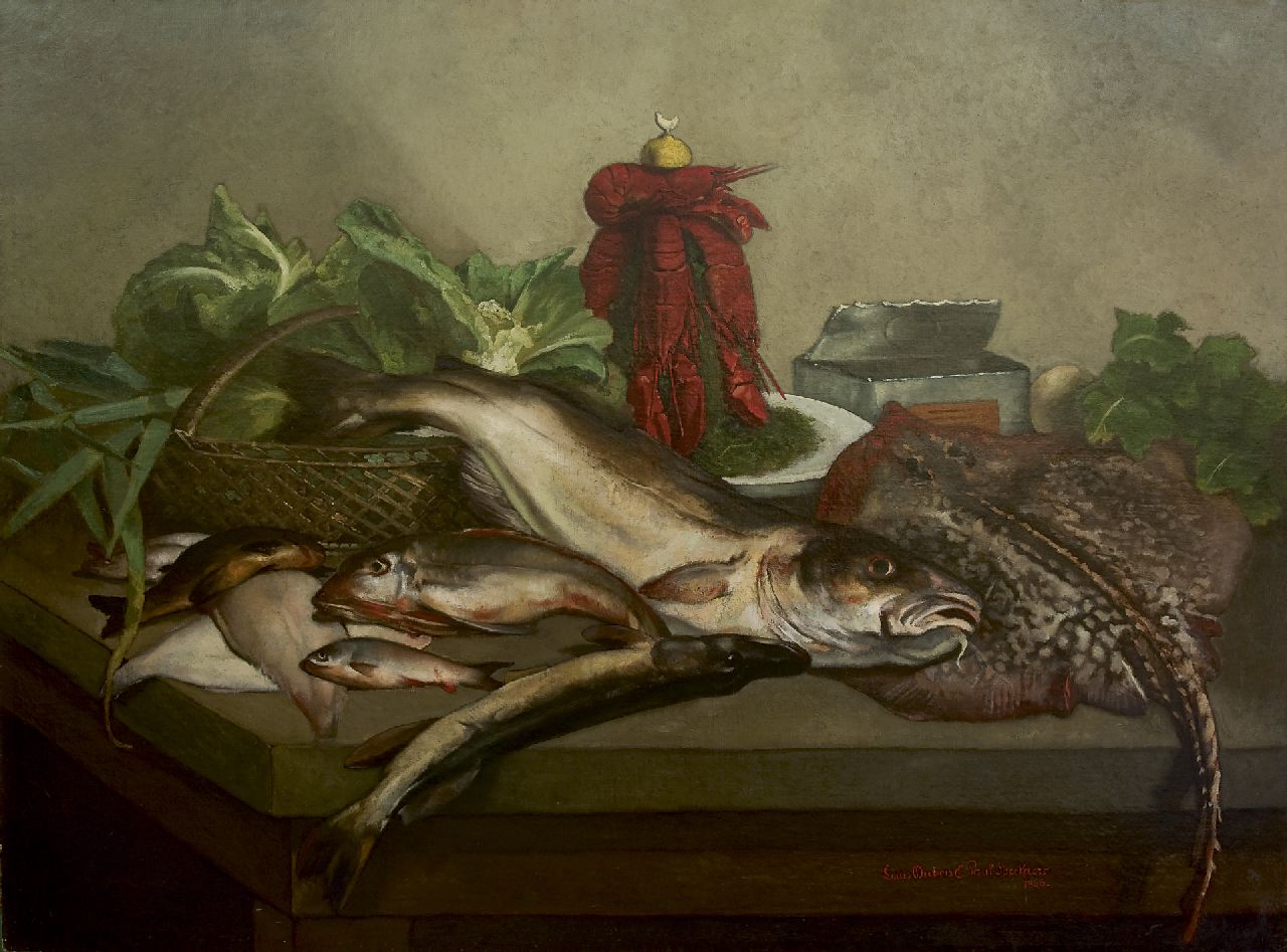 Dubois/Speekaert L./L.  | Louis/Léopold Dubois/Speekaert | Schilderijen te koop aangeboden | Stilleven met vis en kreeft, olieverf op doek 105,9 x 142,2 cm, gesigneerd rechtsonder door beide kunstenaars en gedateerd 1866