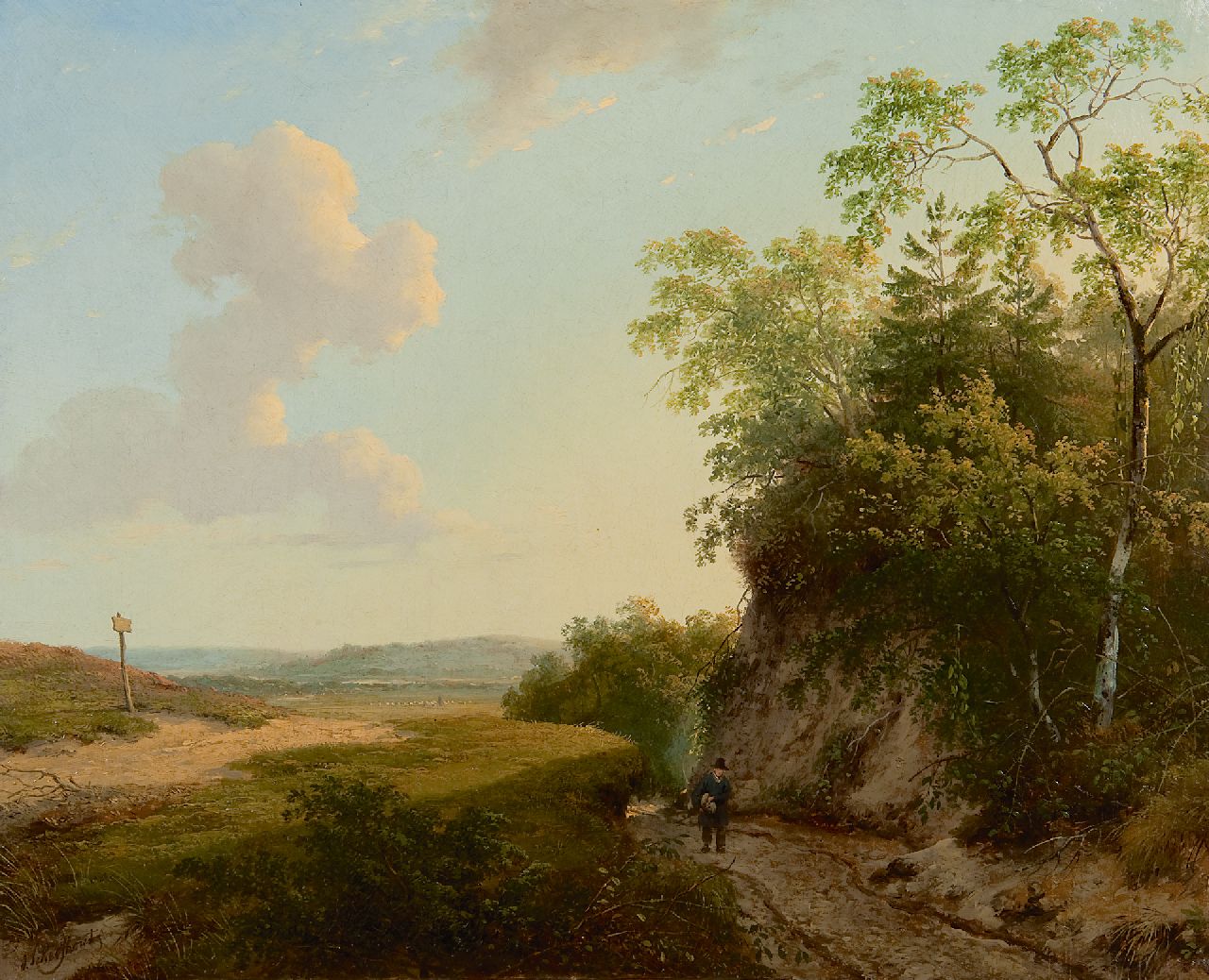 Schelfhout A.  | Andreas Schelfhout | Schilderijen te koop aangeboden | Gelders landschap met wandelaar, olieverf op doek 33,6 x 41,3 cm, gesigneerd linksonder en te dateren ca. 1830