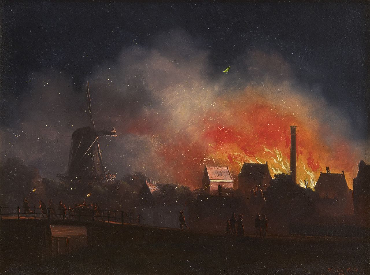 Cate H.G. ten | Hendrik Gerrit ten Cate, Uitslaande brand bij nacht (mogelijk de suikerraffinaderij van J.H. Rupe & Zn te Amsterdam, op 19 oktober 1845), olieverf op paneel 21,0 x 27,7 cm, gesigneerd rechtsonder en gedateerd 1849