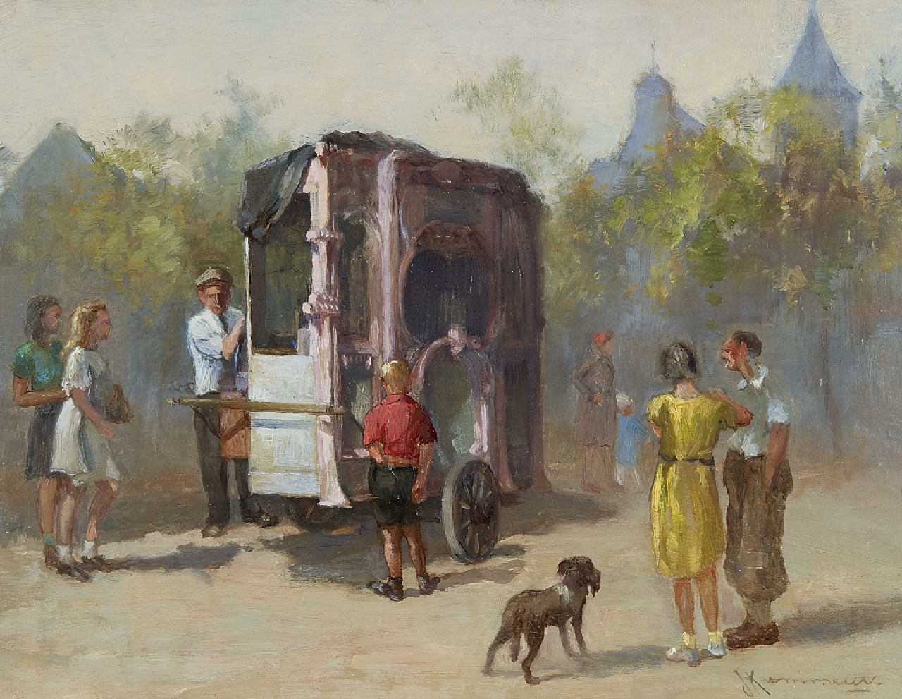 Johhan Hendrik Kaemmerer | Het draaiorgel, olieverf op paneel, 21,6 x 27,8 cm, gesigneerd r.o.