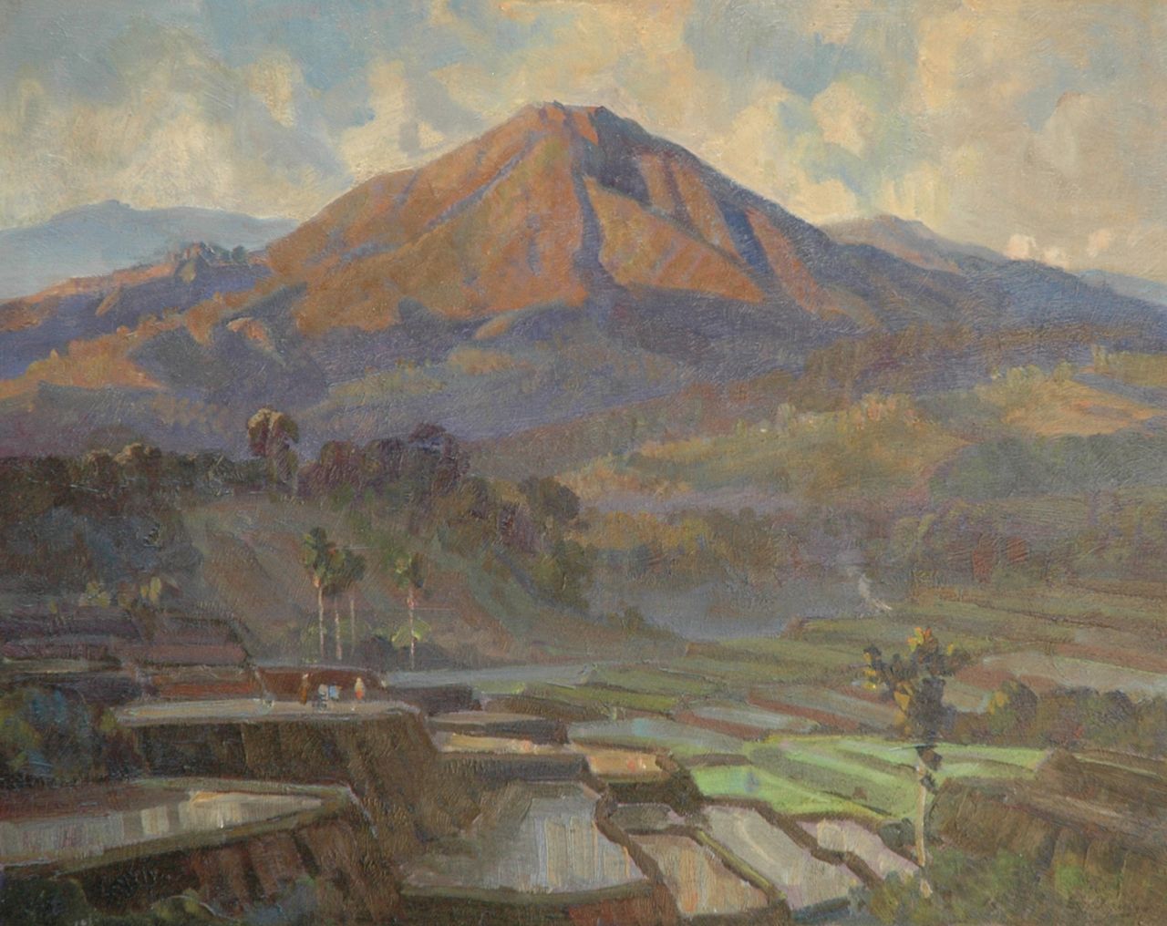 Dezentjé E.  | Ernest Dezentjé, Indonesisch landschap, olieverf op paneel 57,1 x 72,2 cm, gesigneerd rechtsonder