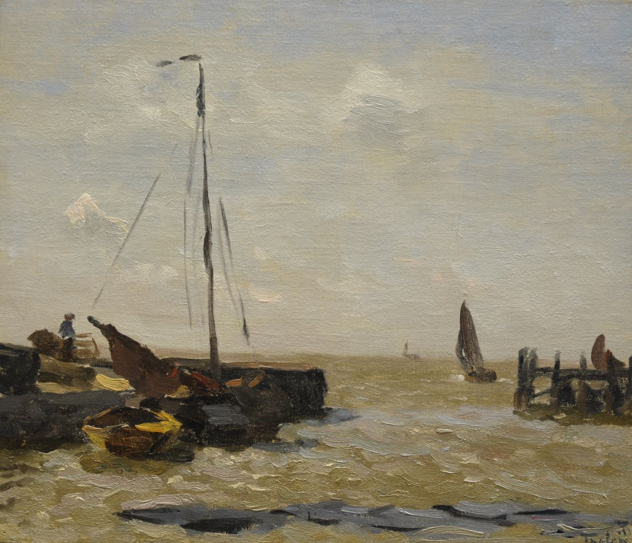 Tholen W.B.  | Willem Bastiaan Tholen, Zuiderzeehaven, olieverf op doek op paneel 27,5 x 32,1 cm, gesigneerd rechtsonder