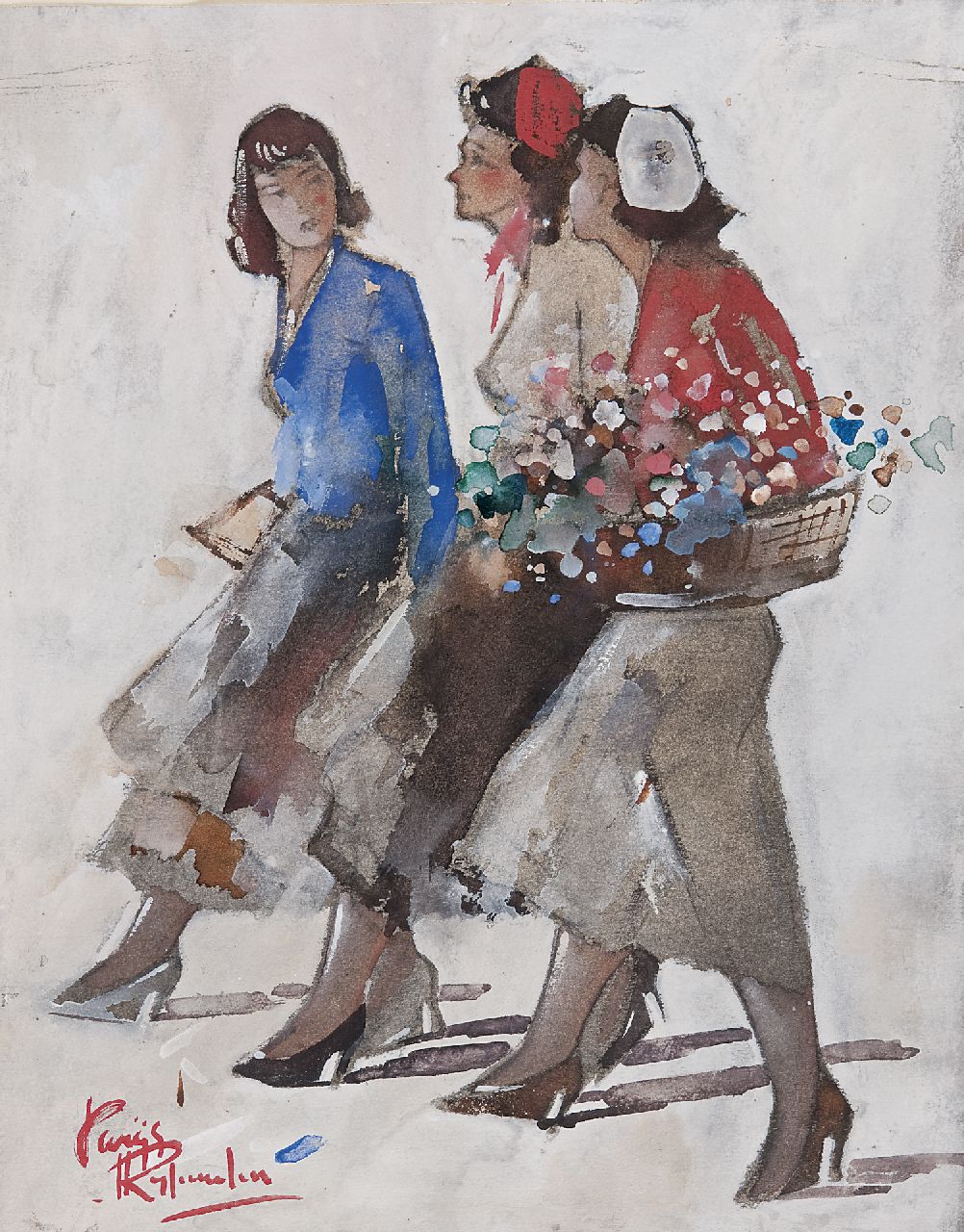 Rijlaarsdam J.  | Jan Rijlaarsdam, Drie jonge vrouwen, Parijs, gouache op papier 34,1 x 26,9 cm, gesigneerd linksonder