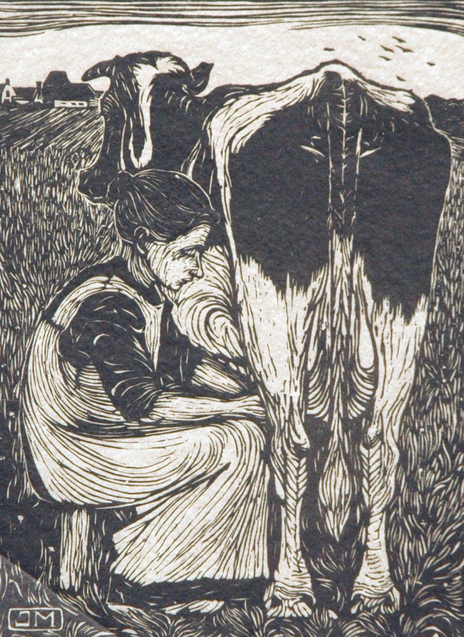 Mankes J.  | Jan Mankes, Koemelkster, houtsnede op Japans papier 19,2 x 14,2 cm, gesigneerd rechtsonder voluit (in potlood) en met mon. i/h blok en te dateren 1914