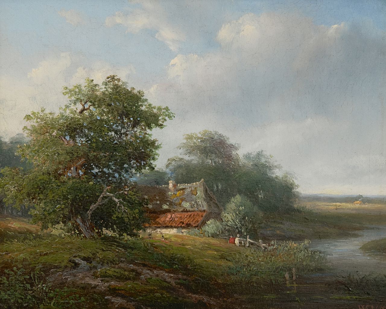 Vester W.  | Willem Vester | Schilderijen te koop aangeboden | Zomerlandschap met boerenhoeve, olieverf op paneel 22,0 x 27,3 cm, gesigneerd rechtsonder met initialen en gedateerd 1850