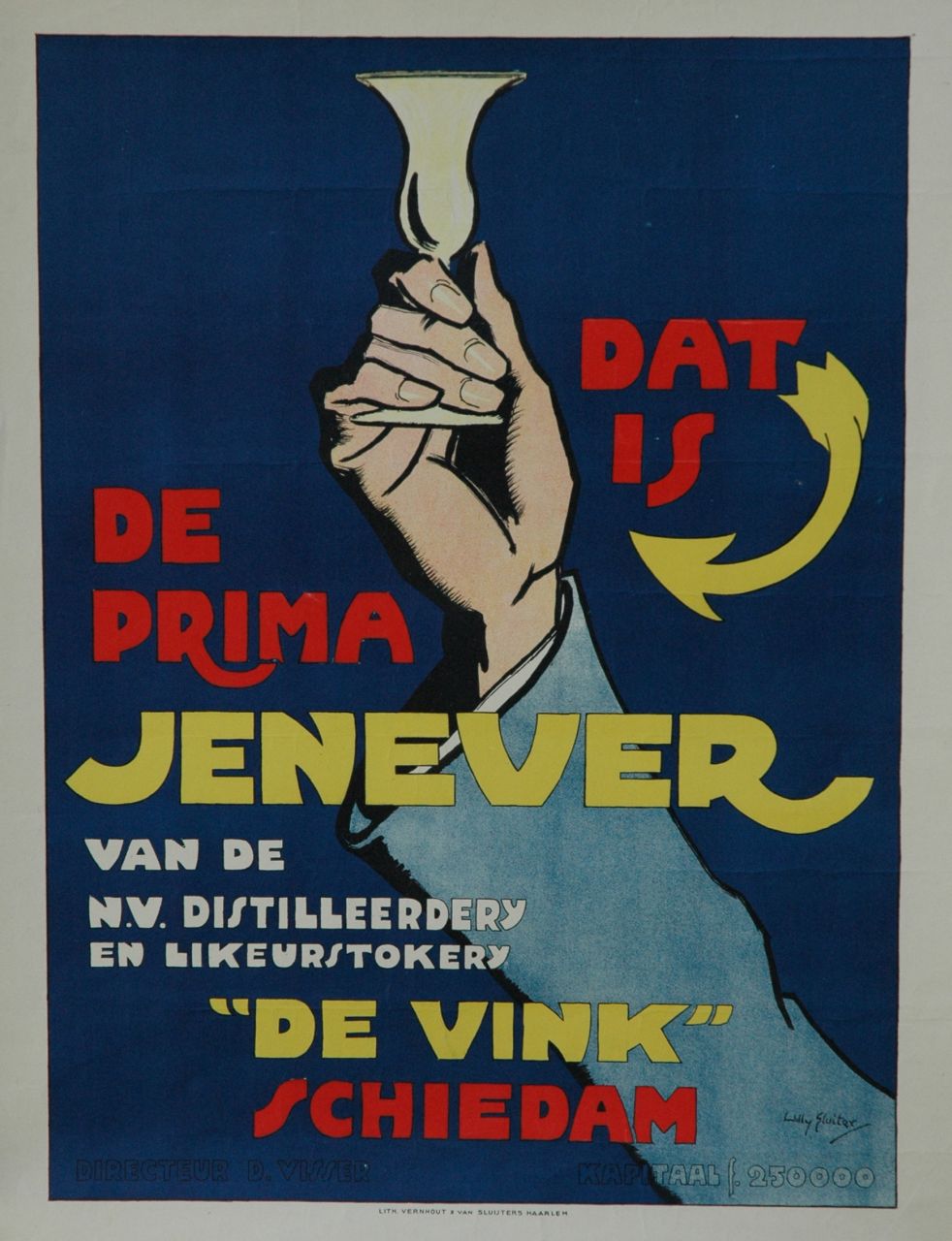 Sluiter J.W.  | Jan Willem 'Willy' Sluiter, Poster 'Dat is de prima Jenever van 'De Vink' Schiedam', kleurenlithografie poster 45,5 x 58,0 cm, gesigneerd rechtsonder in de steen