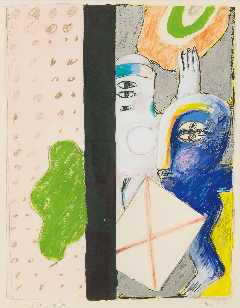 Horst Antes | Paar in interieur, potlood, krijt, inkt en gouache op papier, 36,4 x 30,0 cm, gesigneerd r.o. en gedateerd 29.VII.64