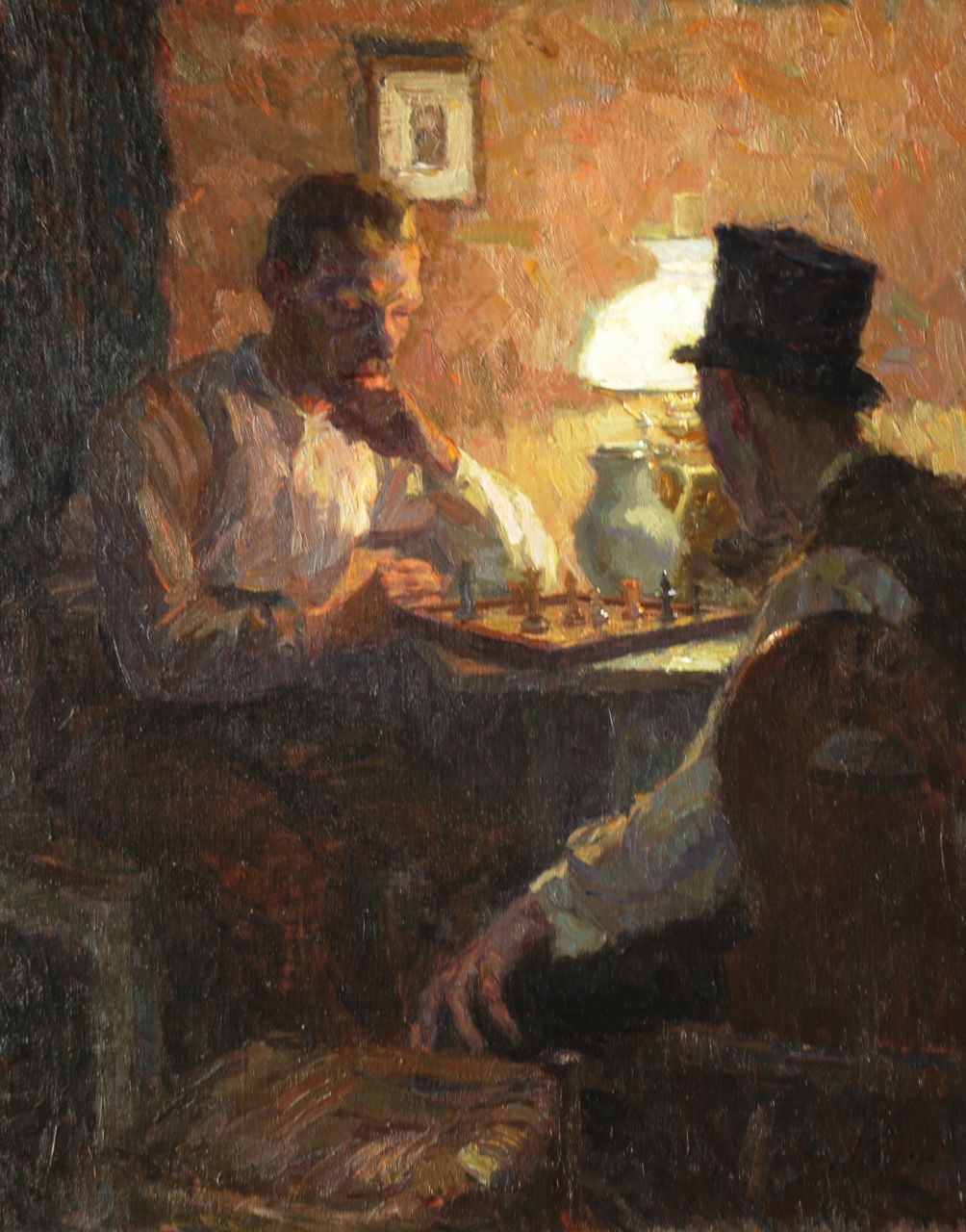 Köhler A.  | August Köhler, Schaakspel bij lamplicht, olieverf op doek 84,5 x 67,0 cm, gesigneerd rechtsonder