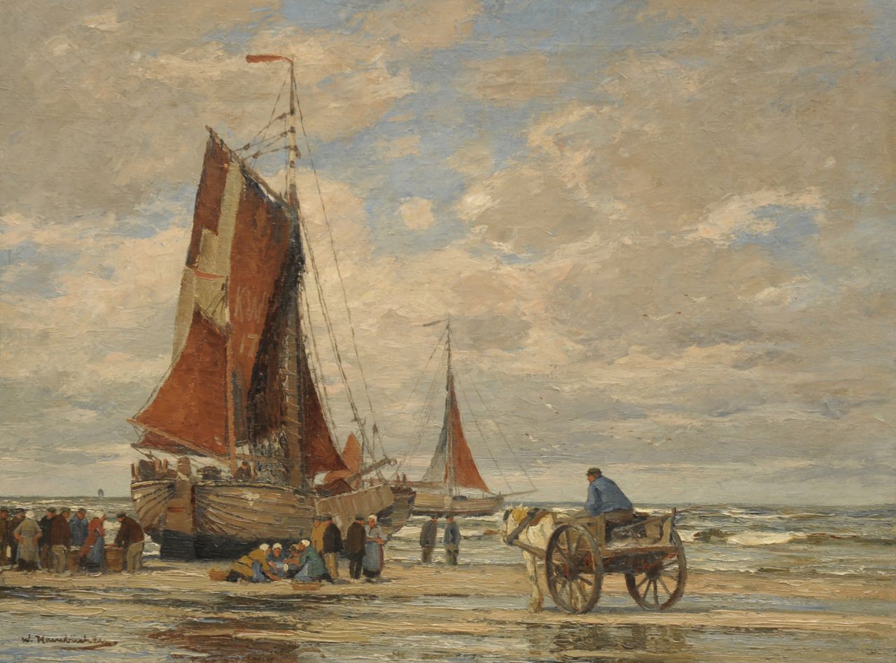 Hambüchen W.  | Wilhelm Hambüchen, Visafslag op het strand van Katwijk, olieverf op doek 60,6 x 80,4 cm, gesigneerd linksonder