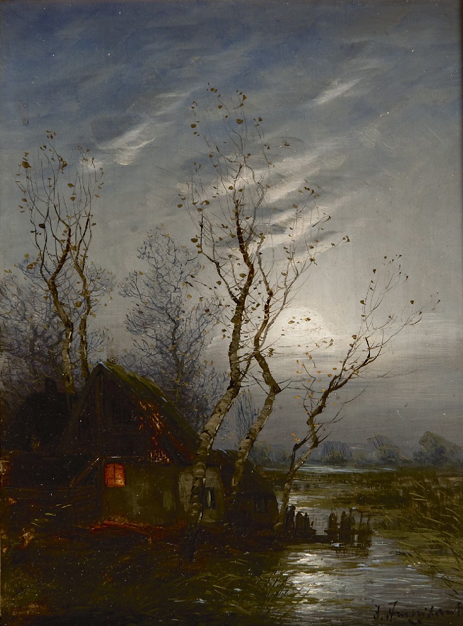 Jungblut J.  | Johann Jungblut, Polderboerderij bij maanlicht, olieverf op paneel 24,0 x 17,7 cm, gesigneerd rechtsonder