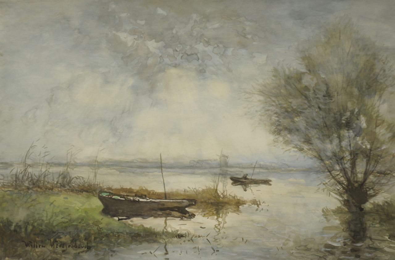 Weissenbruch W.J.  | 'Willem' Johannes Weissenbruch, In de polder, bij doorbrekende zon, potlood en aquarel op papier 36,4 x 54,3 cm, gesigneerd linksonder
