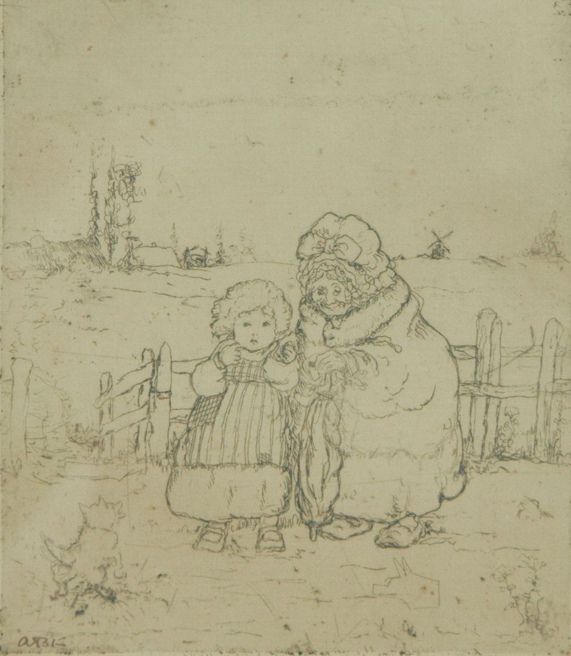 Klinkhamer A.  | Adrienne Klinkhamer, Oma met kind aan de hand, ets op papier 12,3 x 10,6 cm, gesigneerd linksonder met intialen (in pen)