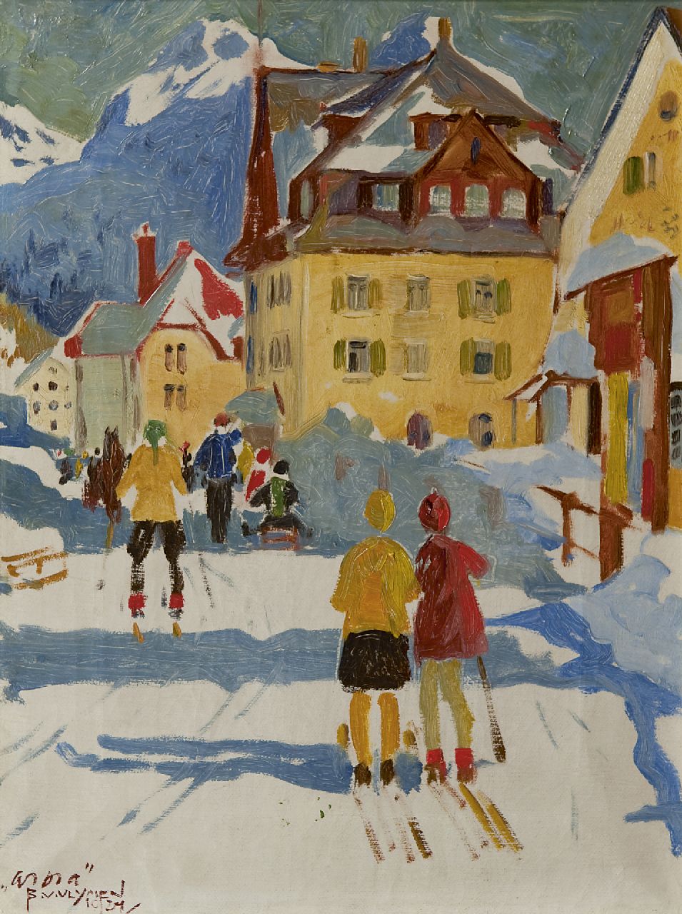 Vlijmen B.A.I.G. van | Bernardus Alphonsus Ignatius Gerardus 'Bernard' van Vlijmen, Skiërs in Arosa, olieverf op doek 40,7 x 31,0 cm, gesigneerd linksonder en gedateerd 1924