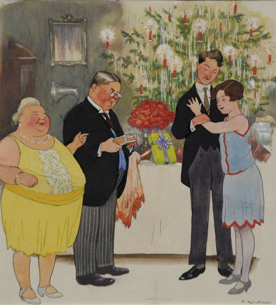 Kirchner E.  | Eugen Kirchner, Kerstavond, pen en inkt en aquarel op papier 18,5 x 17,0 cm, gesigneerd rechtsonder en te dateren ca. 1927