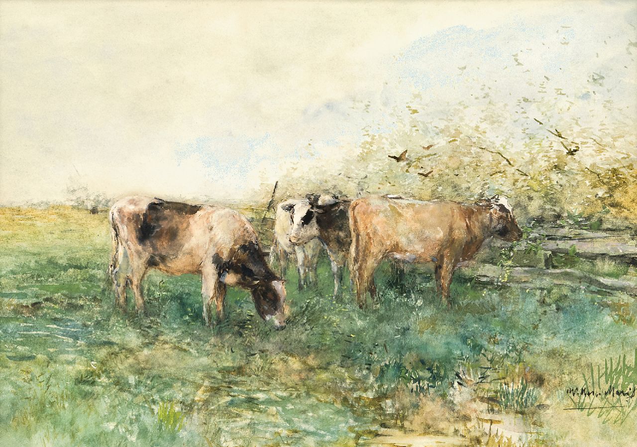 Maris W.  | Willem Maris | Aquarellen en tekeningen te koop aangeboden | Weidende koeien, aquarel en gouache op papier 41,4 x 57,8 cm, gesigneerd rechtsonder