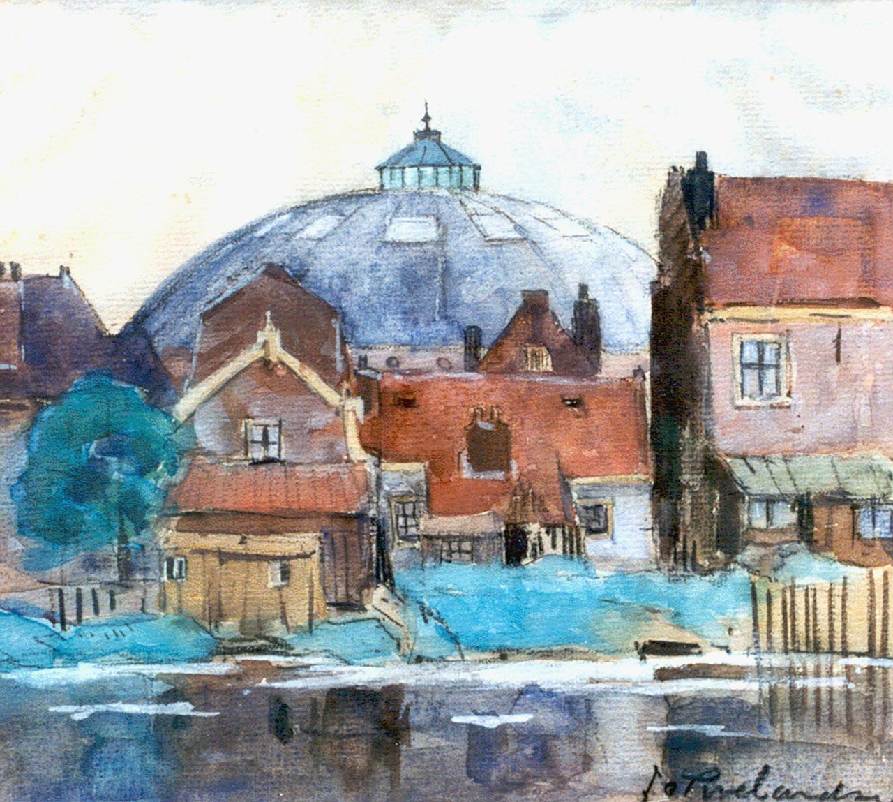 Roelandse J.C.  | Johannes Cornelis 'Jan' Roelandse, De koepel in Haarlem, zwart krijt en aquarel op papier 19,7 x 21,8 cm, gesigneerd rechtsonder