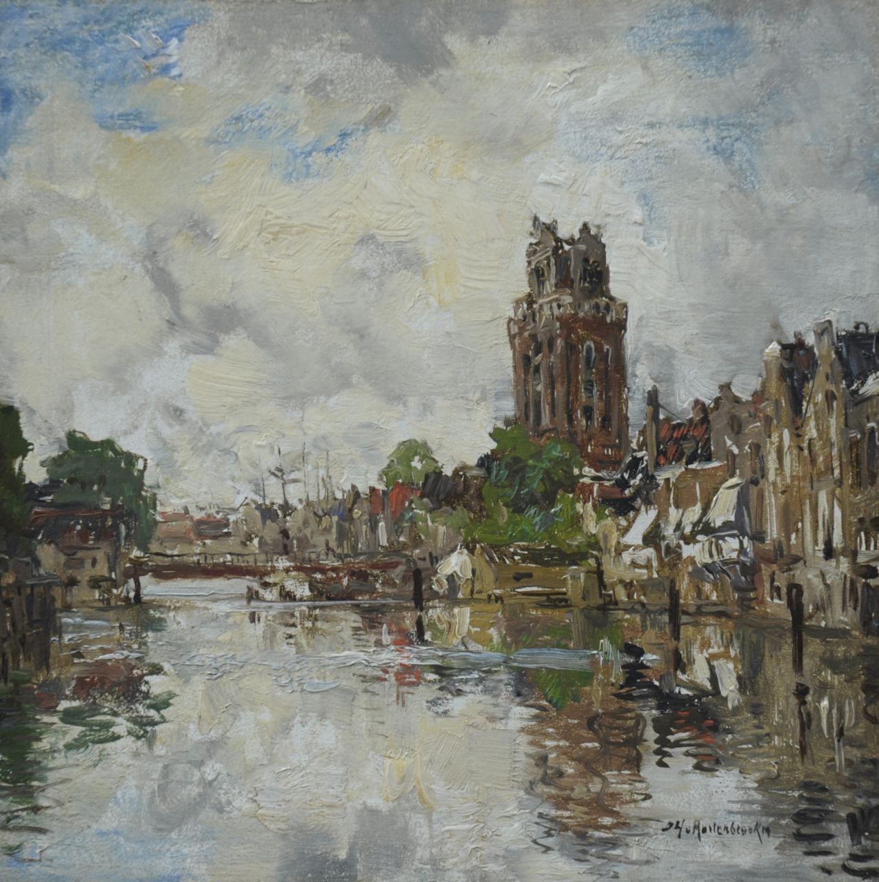 Mastenbroek J.H. van | Johan Hendrik van Mastenbroek, Haven in Dordrecht met de toren van de Grote Kerk, olieverf op paneel 15,8 x 16,0 cm, gesigneerd rechtsonder