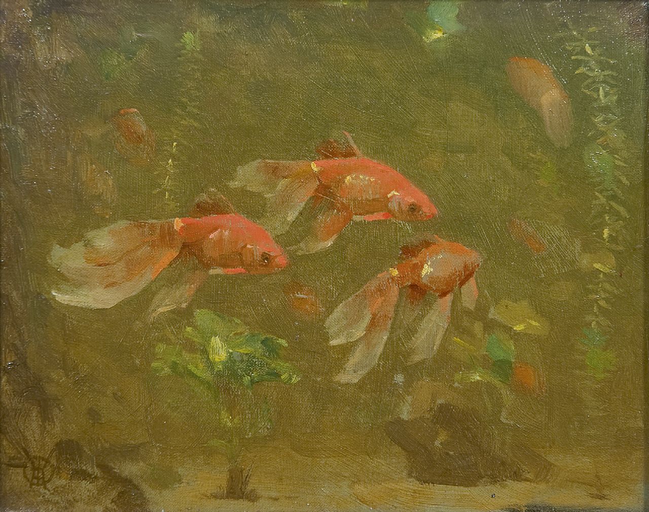 Dijsselhof G.W.  | Gerrit Willem Dijsselhof, Sluierstaartvissen, olieverf op doek 17,6 x 22,0 cm, gesigneerd linksonder met monogram