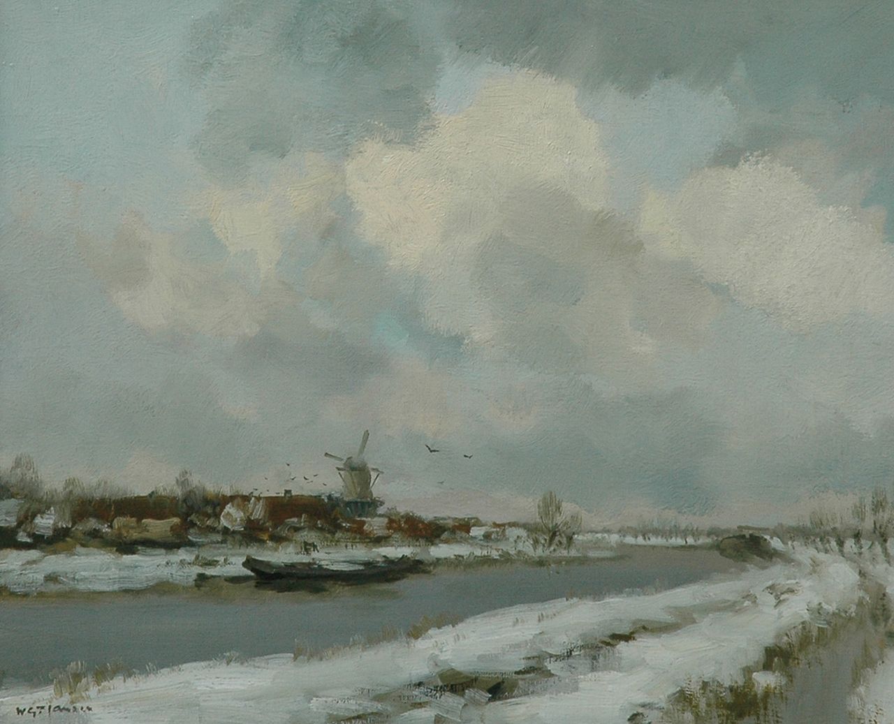 Jansen W.G.F.  | 'Willem' George Frederik Jansen, Winterse poldervaart met molen, olieverf op doek 50,0 x 60,2 cm, gesigneerd linksonder