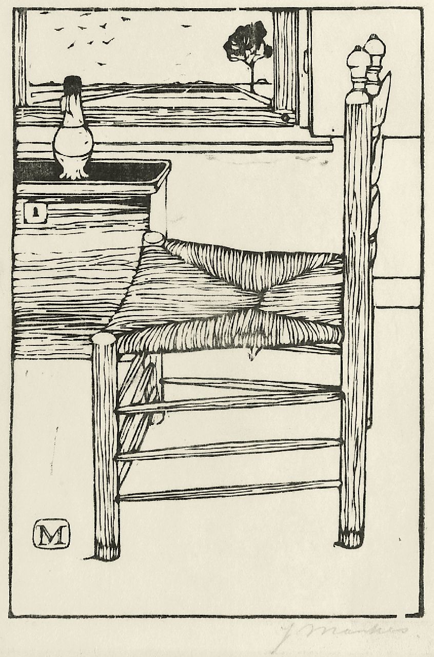 Mankes J.  | Jan Mankes, Stoel, houtsnede op papier 18,4 x 12,6 cm, gesigneerd rechtsonder voluit (in potlood) en met init. in het blok en te dateren 1914