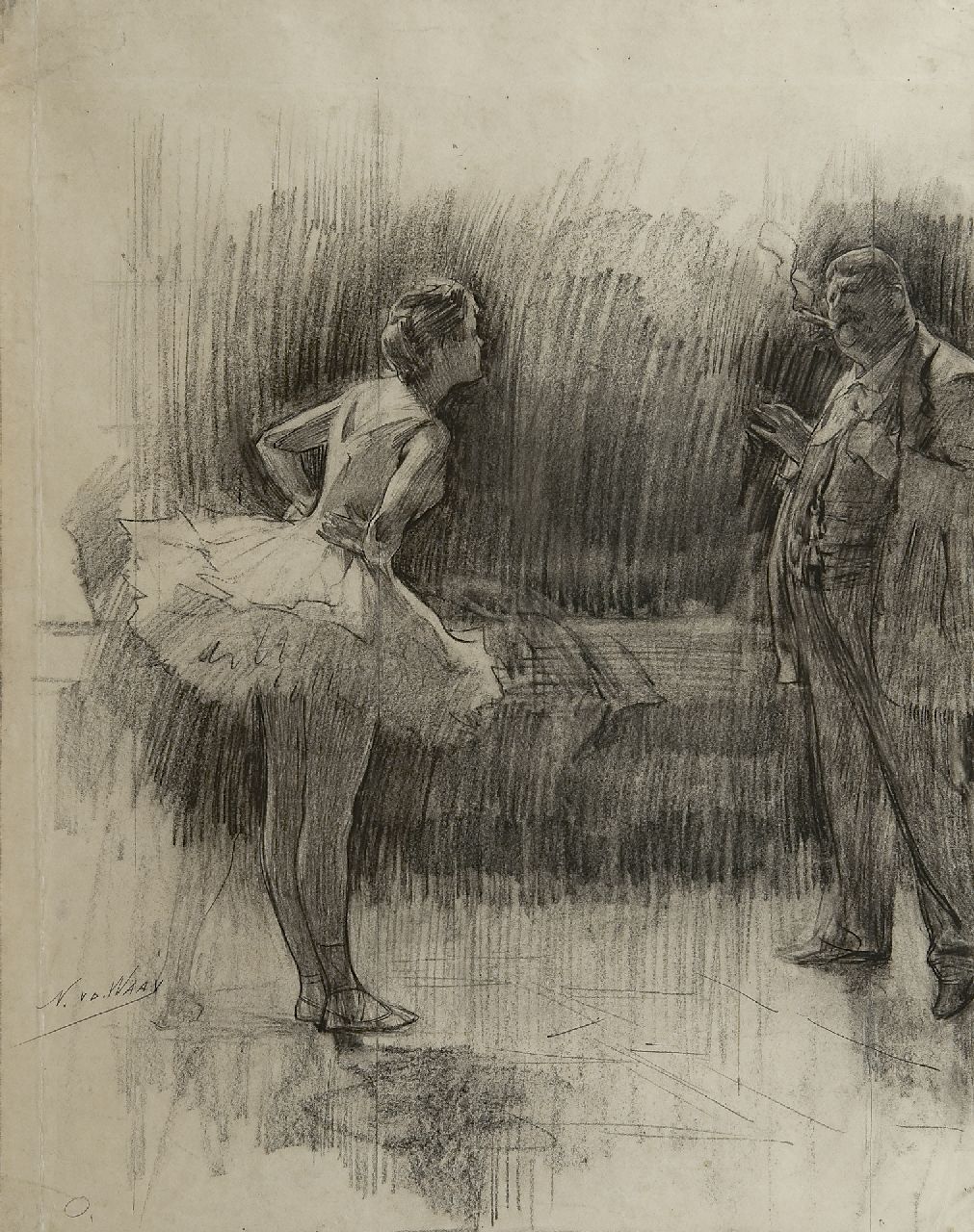 Waay N. van der | Nicolaas van der Waay, De opstandige ballerina, zwart krijt op papier 54,7 x 42,5 cm, gesigneerd linksonder