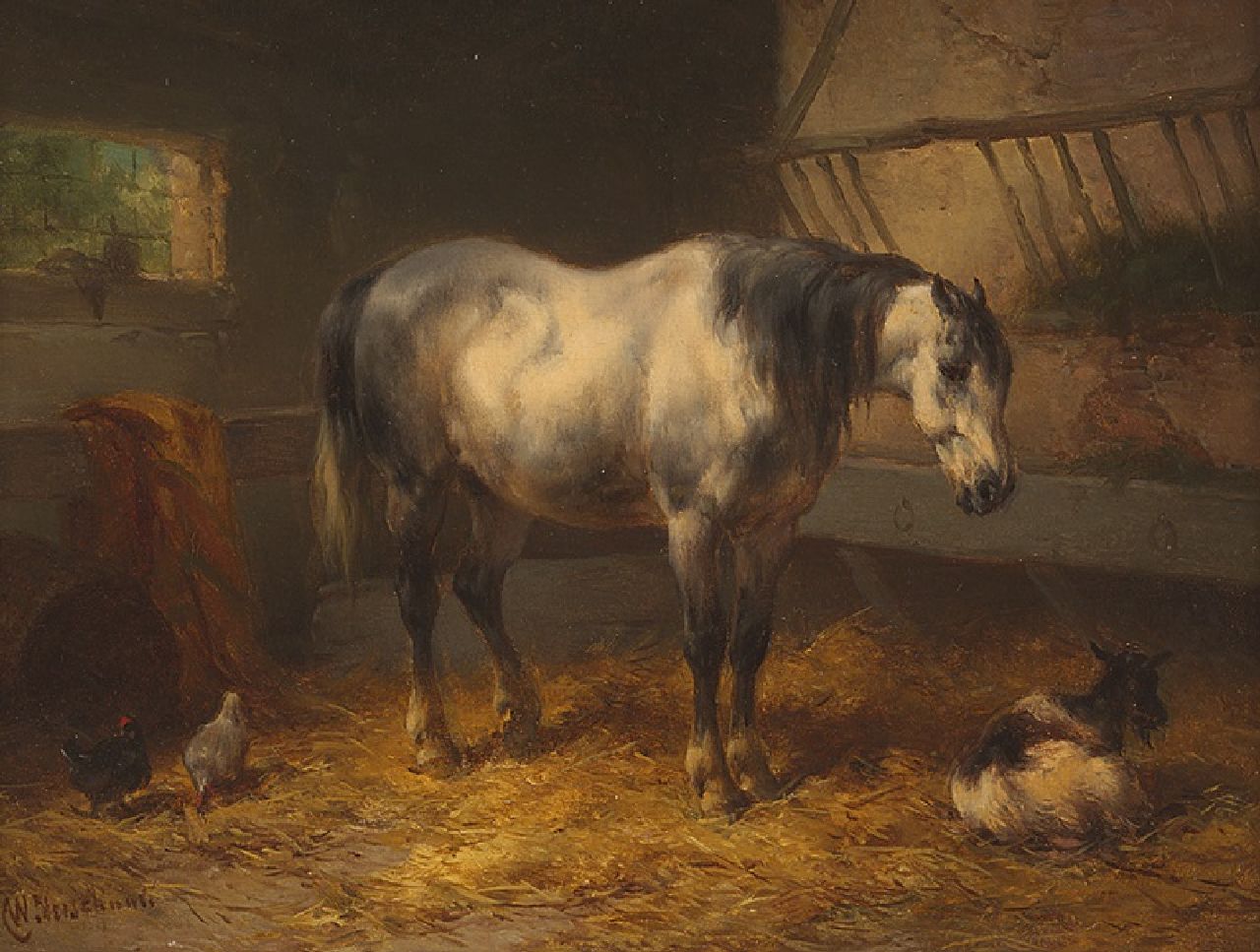 Verschuur W.  | Wouterus Verschuur, Rustend paard in een stal, olieverf op paneel 15,1 x 20,5 cm, gesigneerd linksonder