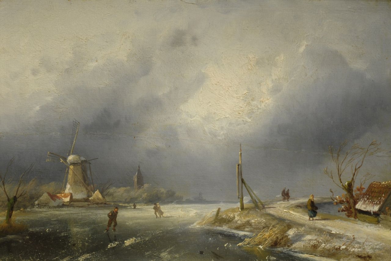 Leickert C.H.J.  | 'Charles' Henri Joseph Leickert, Winterlandschap met molen, olieverf op paneel 21,5 x 32,0 cm, gesigneerd linksonder