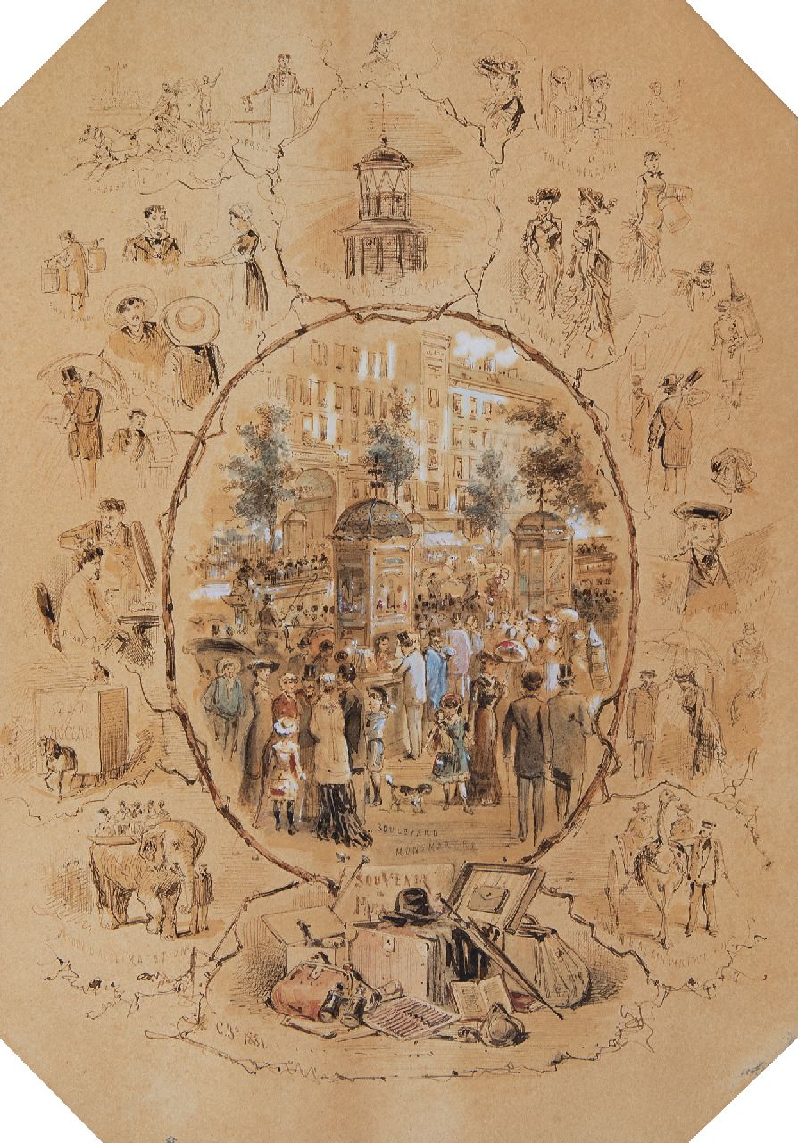 Franse School | Souvenirs de Paris, inkt, aquarel en gouache op papier, 37,7 x 26,4 cm, gesigneerd l.o. met initialen 'C.R.s' en gedateerd 1881 Franse School | Souvenirs de Paris, inkt, aquarel en gouache op papier, 37,7 x 26,4 cm, gesigneerd l.o. met initialen 'C.R.s' en gedateerd 1881