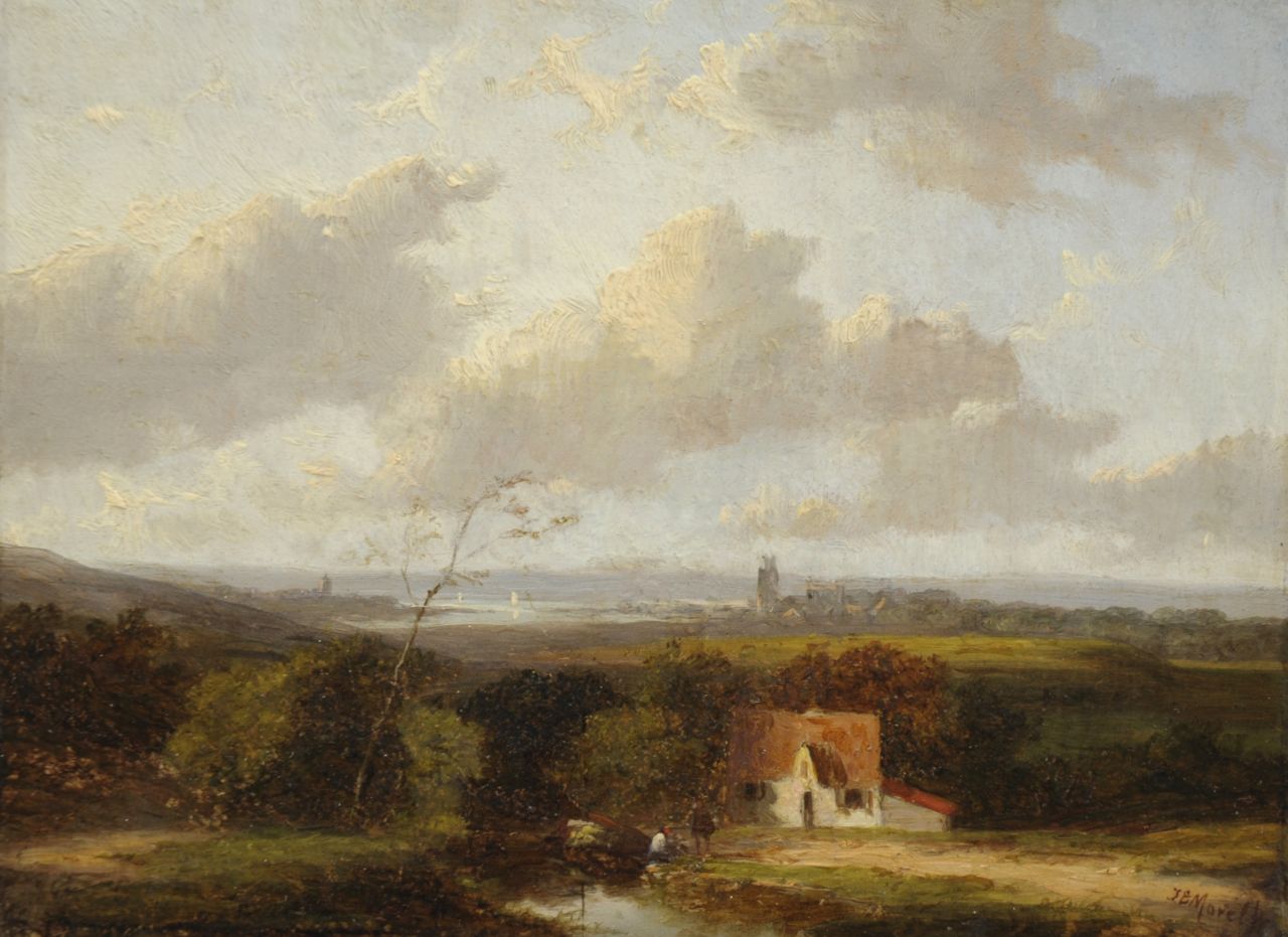 Morel II J.E.  | Jan Evert Morel II, Panoramisch landschap met rustend landvolk, olieverf op paneel 15,2 x 20,7 cm, gesigneerd rechtsonder