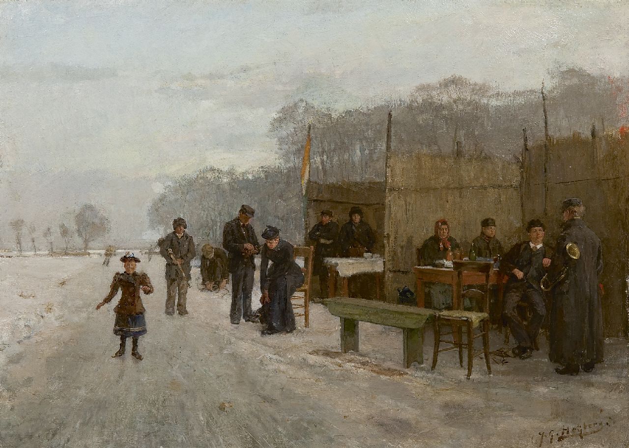 Heijberg J.G.  | Johannes Gerardus Heijberg | Schilderijen te koop aangeboden | Bij de koek-en-zopietent op het ijs, olieverf op doek 35,0 x 48,4 cm, gesigneerd rechtsonder