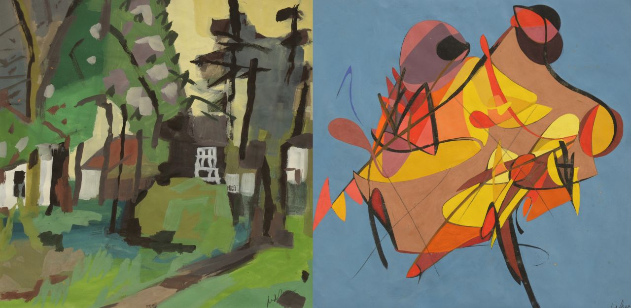 Zee J. van der | Jan van der Zee, Erf met bomen; verso: Compositie, aquarel en gouache op papier 56,0 x 56,0 cm, gesigneerd rechtsonder recto en verso en te dateren jaren '50, verso ca. 1965-1968 Zee J. van der | Jan van der Zee, Erf met bomen; verso: Compositie, aquarel en gouache op papier 56,0 x 56,0 cm, gesigneerd rechtsonder recto en verso en te dateren jaren '50, verso ca. 1965-1968