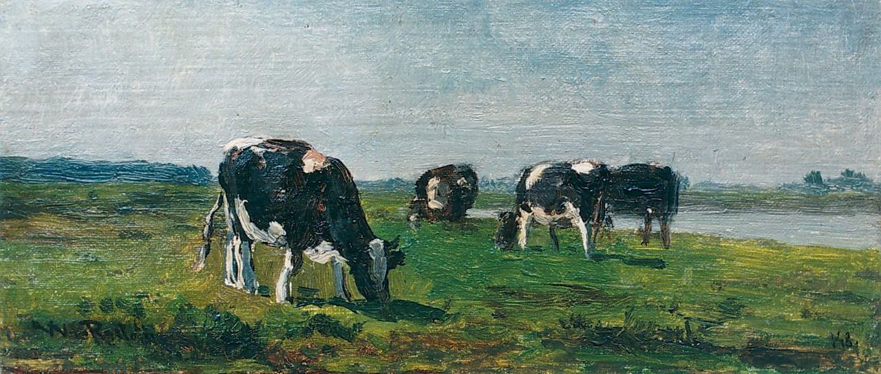 Roelofs W.  | Willem Roelofs, Koeien langs de Lek, olieverf op paneel 12,4 x 27,5 cm, gesigneerd linksonder