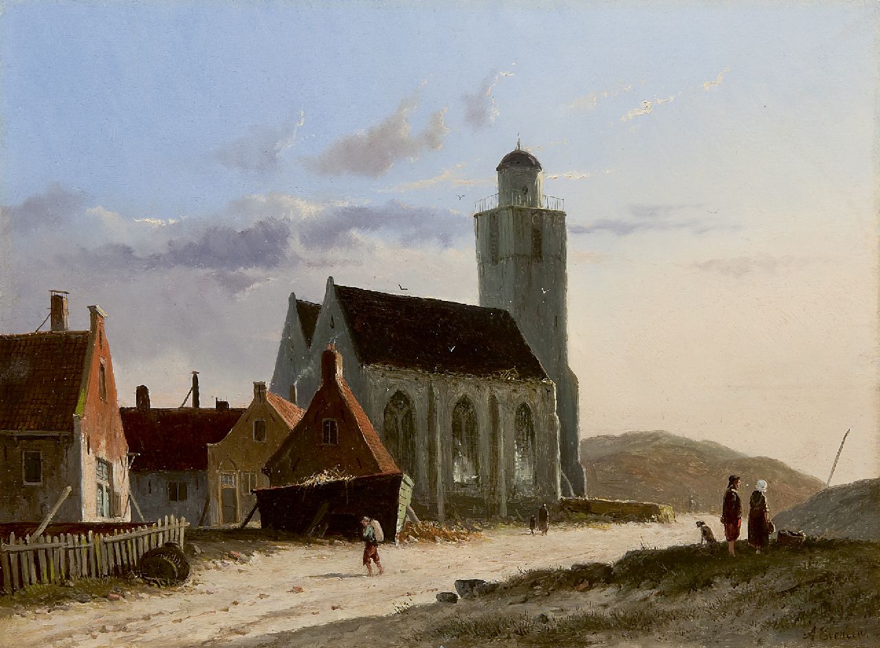 Eversen A.  | Adrianus Eversen, Gezicht op de Oude Kerk, Katwijk, olieverf op paneel 23,8 x 31,9 cm, gesigneerd rechtsonder