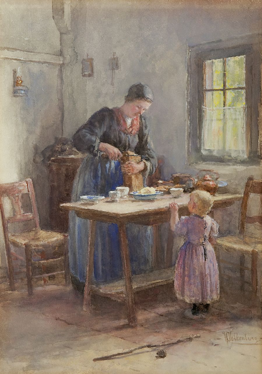 Valkenburg H.  | Hendrik Valkenburg, Larens interieur met moeder en kind, aquarel op papier 55,5 x 39,0 cm, gesigneerd rechtsonder