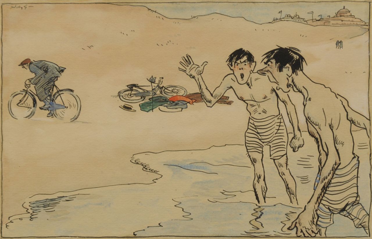 Sluiter J.W.  | Jan Willem 'Willy' Sluiter, De fietsendief: de gelegenheid maakt de dief, inkt en aquarel op papier 17,1 x 27,2 cm