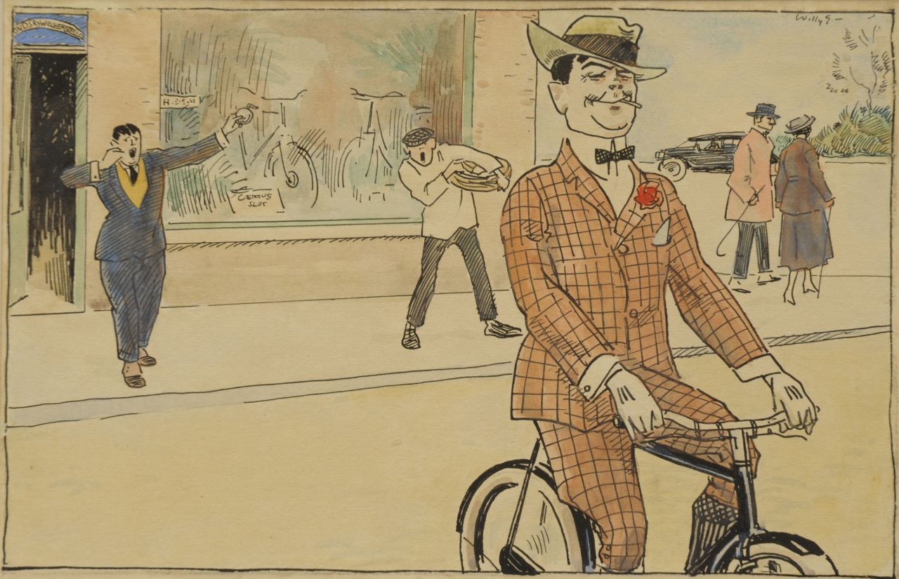 Sluiter J.W.  | Jan Willem 'Willy' Sluiter, De fietsendief: een geslaagde 'proefrit', inkt en aquarel op papier 17,3 x 27,5 cm, gesigneerd rechtsboven