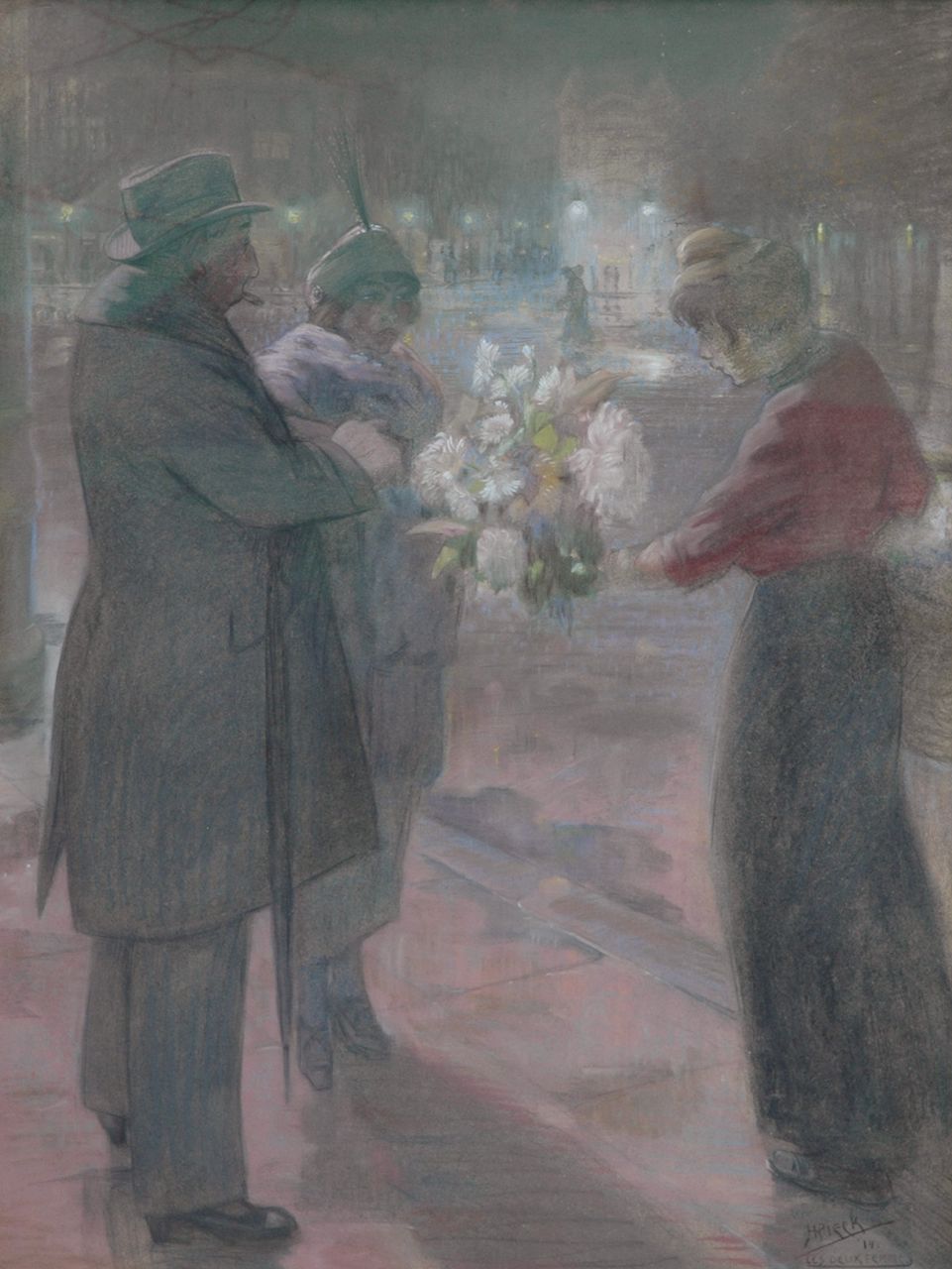 Pieck H.C.  | 'Henri' Christiaan Pieck, De mooie bloemenverkoopster, pastel op papier 118,0 x 90,0 cm, gesigneerd rechtsonder en gedateerd '14
