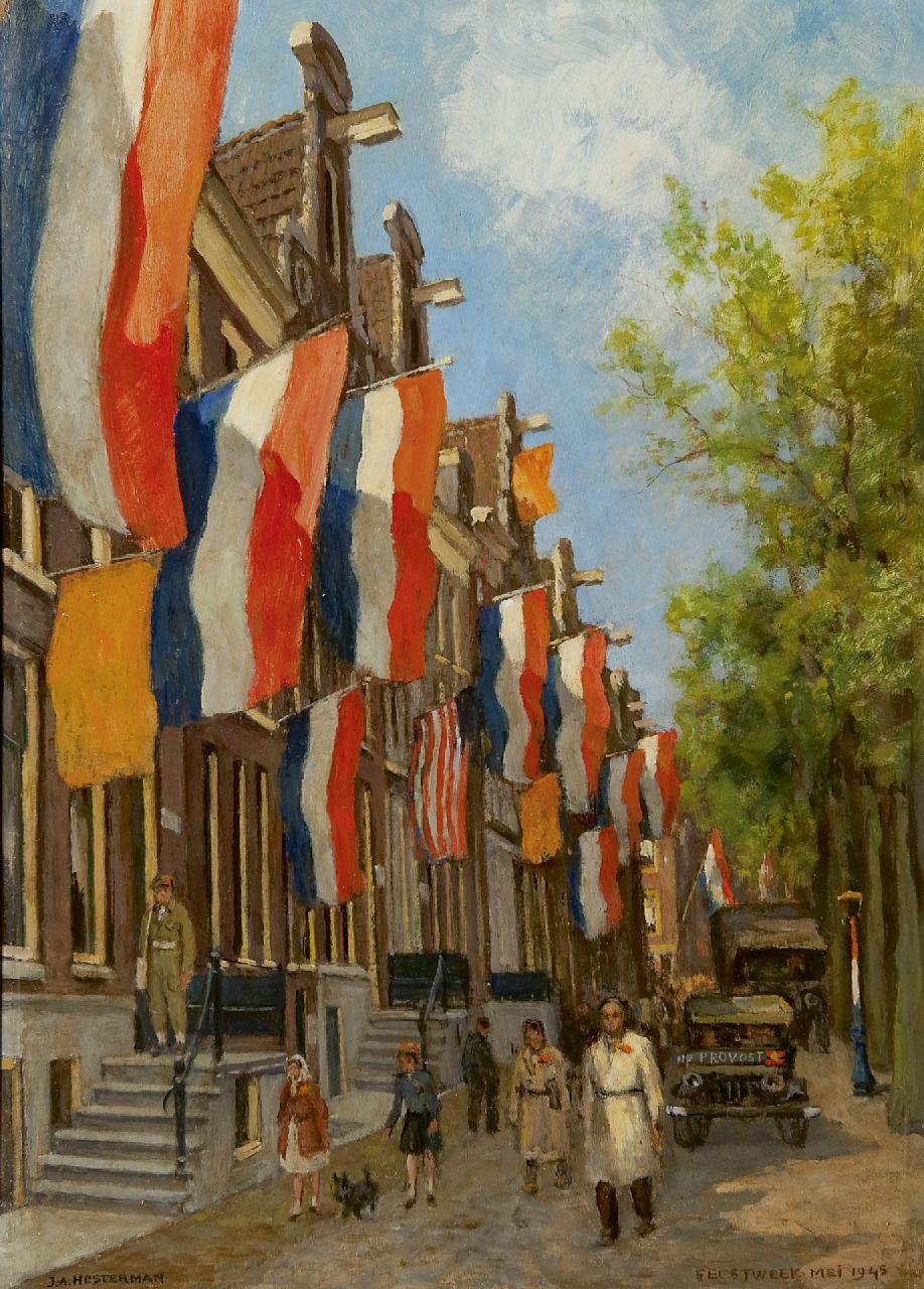 Hesterman jr. J.A.  | Johannes Albertus Hesterman jr., Feestweek mei 1945 op de gracht in Amsterdam, olieverf op paneel 50,2 x 35,0 cm, gesigneerd linksonder
