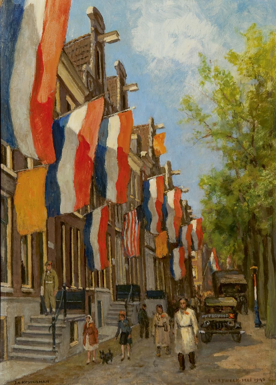 Hesterman jr. J.A. | Johannes Albertus Hesterman jr., Feestweek mei 1945 op de gracht in Amsterdam, olieverf op paneel 50,2 x 35,0 cm, gesigneerd linksonder Hesterman jr. J.A. | Johannes Albertus Hesterman jr., Feestweek mei 1945 op de gracht in Amsterdam, olieverf op paneel 50,2 x 35,0 cm, gesigneerd linksonder